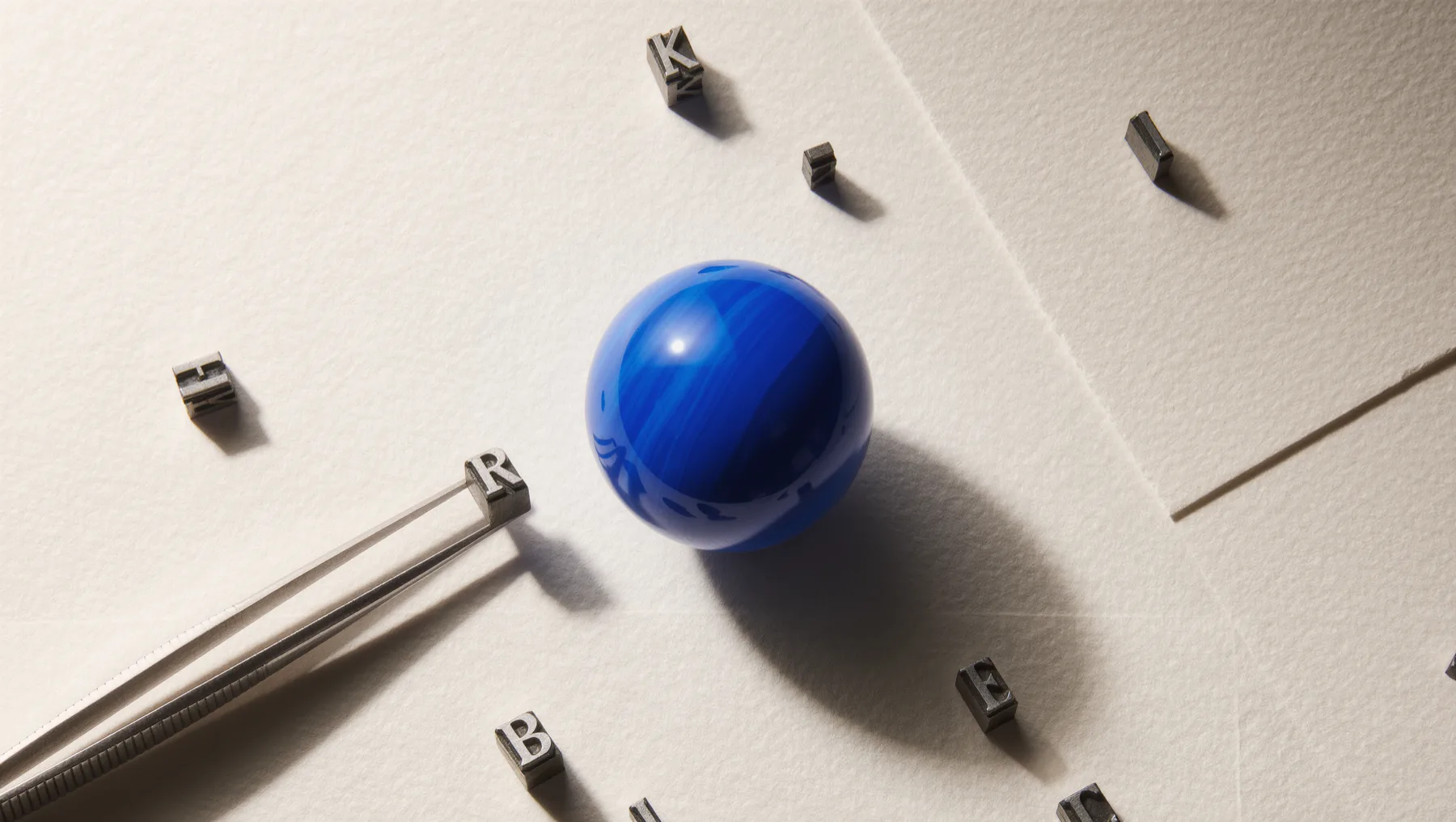 Scattered metal type letters and tweezers, a cobalt-blue sphere between them