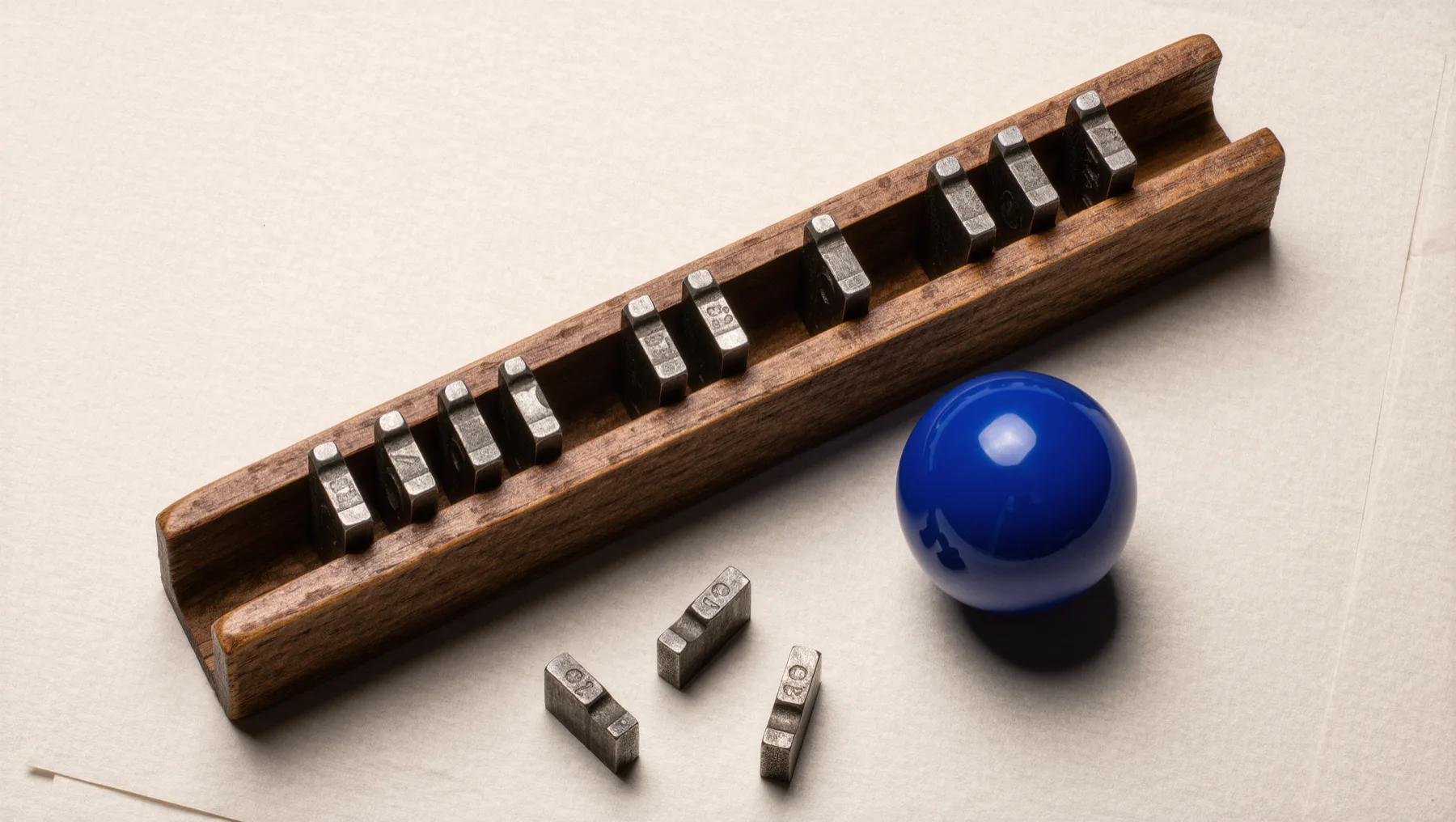 Composing stick with metal type letters, a cobalt-blue sphere beside it
