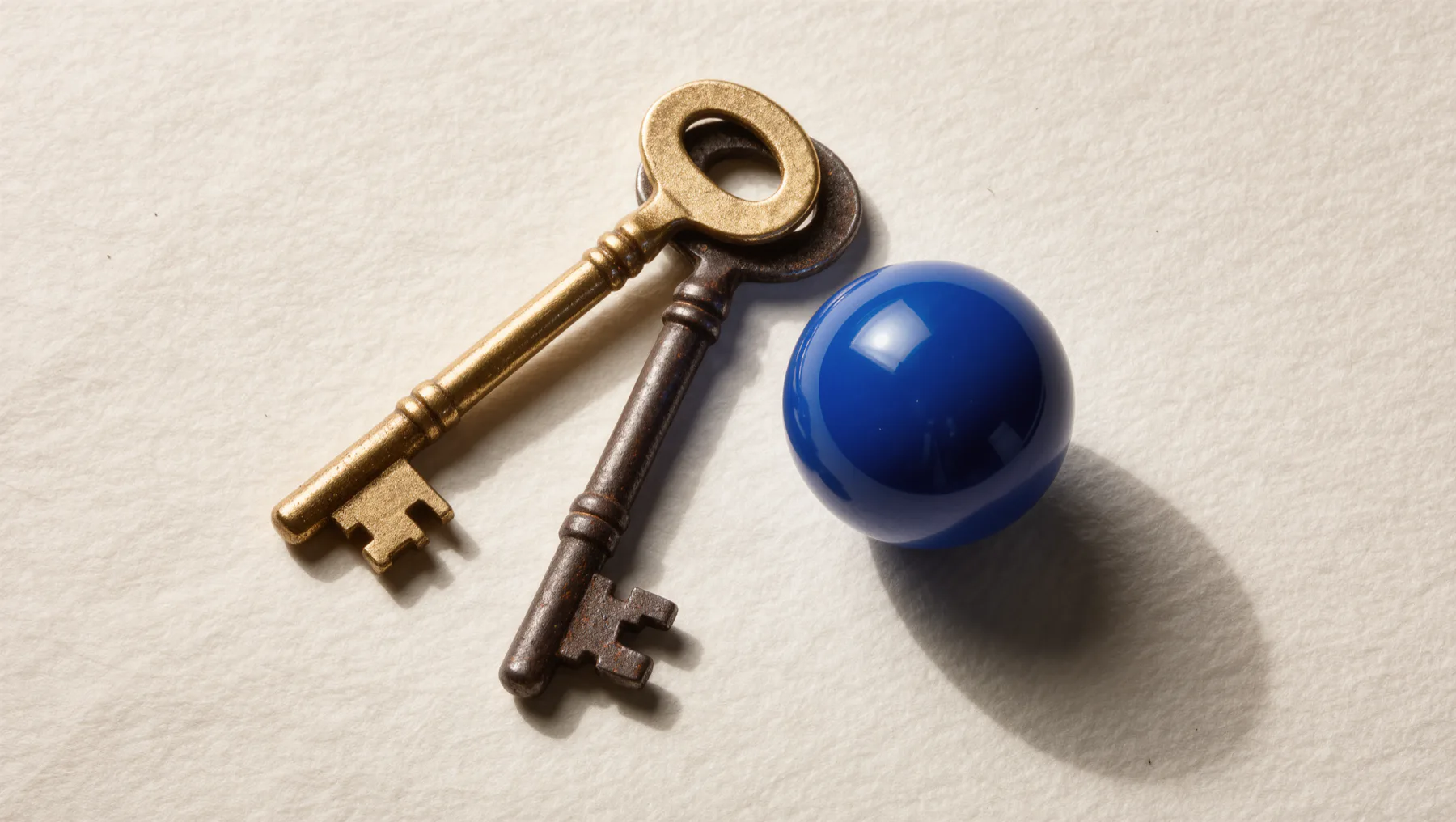A new brass key and an old iron key side by side, a cobalt-blue sphere beside them