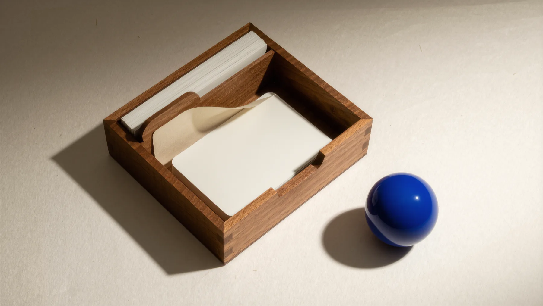 Wooden box with index cards, a cobalt-blue sphere beside it