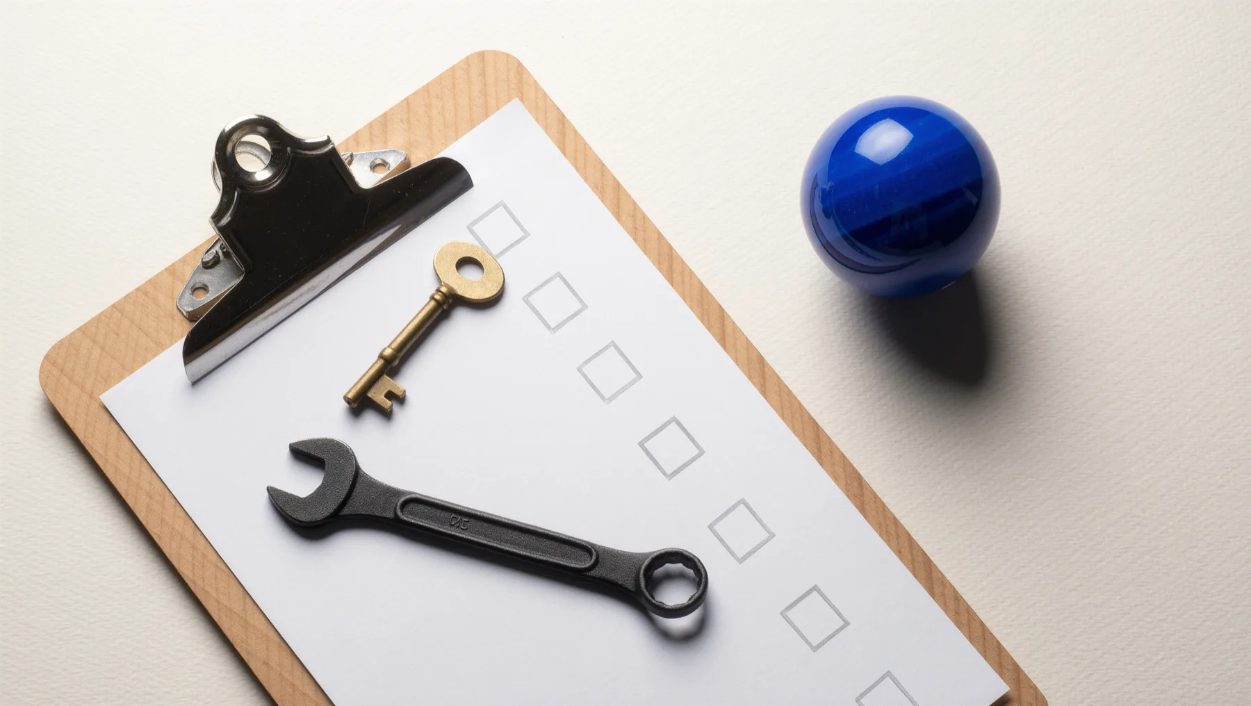 Klemmbrett mit leerer Checkliste, darauf ein Schraubenschlüssel und ein alter Schlüssel, daneben eine kobaltblaue Kugel