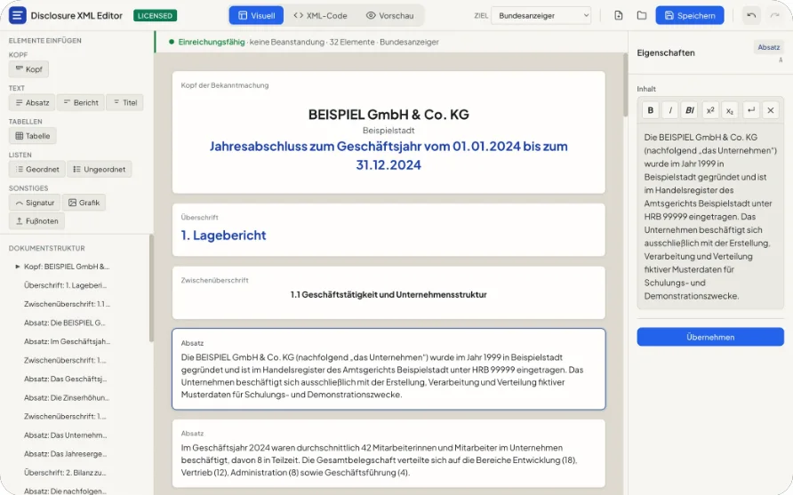 Oberfläche des Offenlegungs-XML Editors: Dokumentstruktur, Kopf der Bekanntmachung, Eigenschaften und Status „Einreichungsfähig“