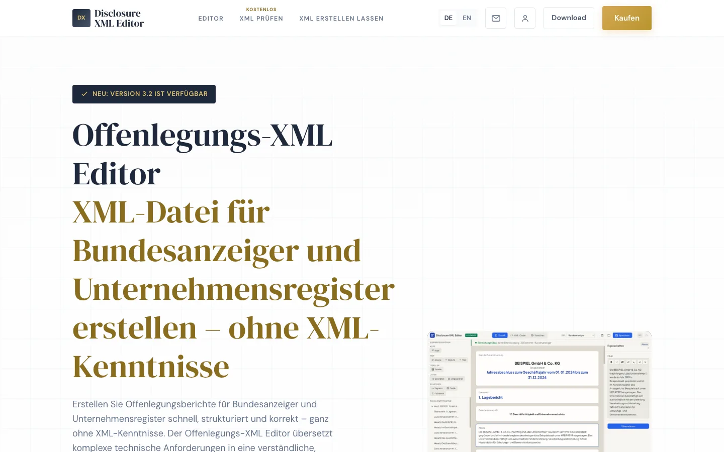 Startseite offenlegungs-xml-editor.de: „Offenlegungs-XML Editor – XML-Datei für Bundesanzeiger und Unternehmensregister erstellen – ohne XML-Kenntnisse“